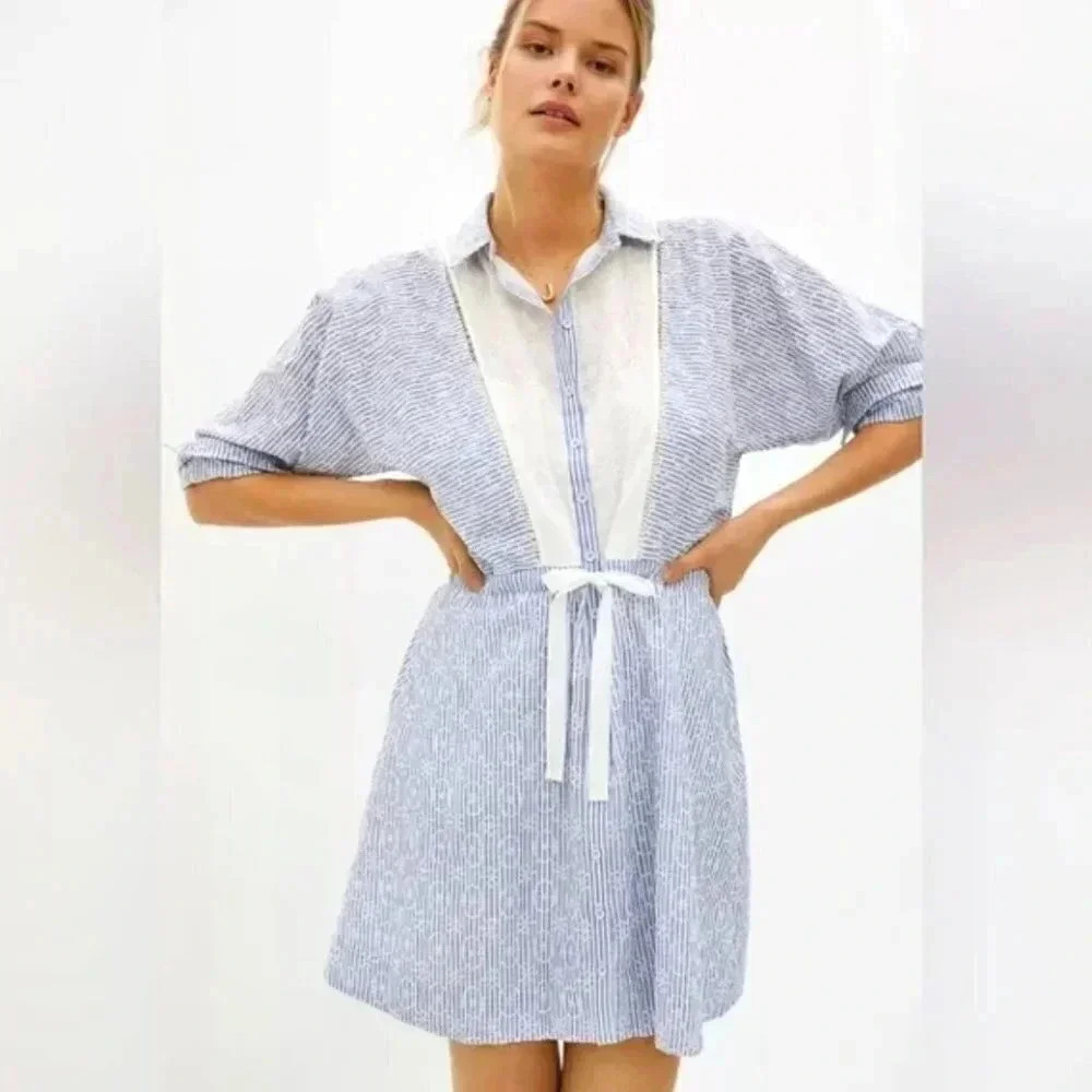 Nwt Anthropologie Maeve Ashleigh Blue White Eyelet Mini Prairie Dress Size Large